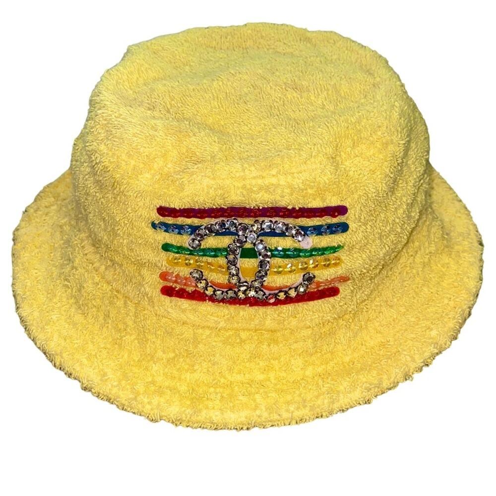 🔥Authentic CHANEL/Pharrell  Yellow Terry Cloth Bucket Hat with Multicolor Logo